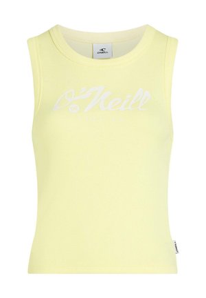 Ärmelloses, gelbes, geripptes Crop-Top mit der Aufschrift "O’Neill Surf Co" in weißer Schrift, weichem Stoff und rundem Ausschnitt.