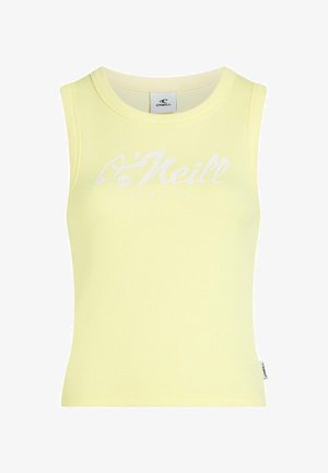 Ärmelloses, gelbes, geripptes Crop-Top mit der Aufschrift "O’Neill Surf Co" in weißer Schrift, weichem Stoff und rundem Ausschnitt.