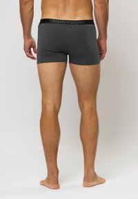 Boxeri din bumbac gri cu un stil de talie cu logo negru, design ajustat și o textură netedă. Picioare vizibile și picioare goale pe un fundal neutru.