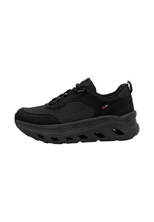 Black athletic sneaker with thick cushioned sole, mesh and suede upper, lace closure, and red R-TEX logo on side.