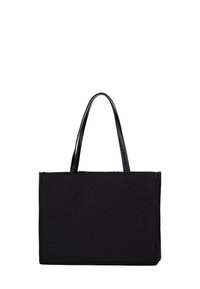 Borsa a spalla nera con corpo in tessuto e manici in pelle. Forma rettangolare, texture liscia e design minimale senza hardware o dettagli visibili.