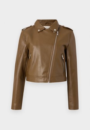 Smeđi umjetni kožni skraćeni jakna s zatvaranjem na zip, bočnim zip džepovima, oštrim kragnama i epauletama na ramenima. Glatka tekstura.