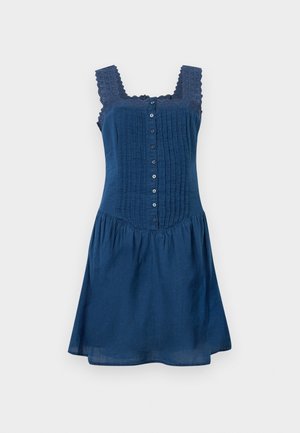 Robe sans manches bleu marine avec bretelles en dentelle, fermeture boutonnée sur le devant, plis verticaux sur le corsage et ourlet de jupe froncé.