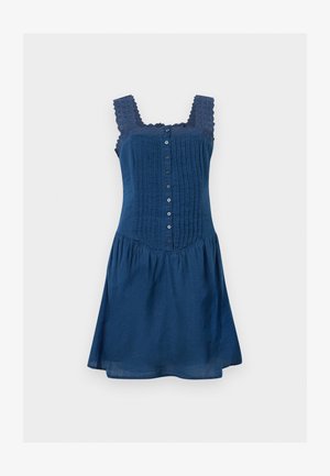 Robe sans manches bleu marine avec bretelles en dentelle, fermeture boutonnée sur le devant, plis verticaux sur le corsage et ourlet de jupe froncé.