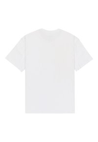 Maglietta bianca semplice a maniche corte distesa, vista posteriore con scollo rotondo e senza design o testo visibile.