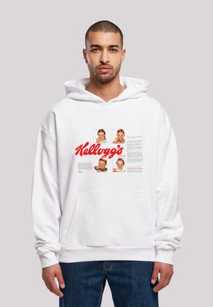 White hoodie featuring a graphic print of children's portraits and text in red and black, with a front pocket and adjustable drawstring hood.