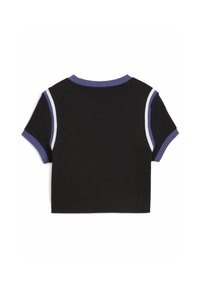 T-shirt noir court avec des bordures violettes et blanches sur les manches et le col, fabriqué en coton doux, présentant un design simple et épuré.