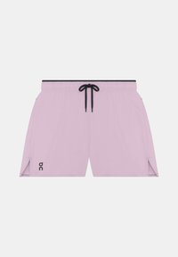 Short de sport violet clair avec cordon noir, petit logo noir sur la jambe gauche et petites fentes latérales à chaque ourlet.