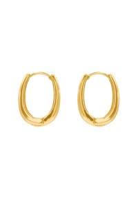 Pendientes de aro de oro con un diseño liso y curvado. Presentan un acabado brillante y un contorno grueso y redondeado para un aspecto atrevido.