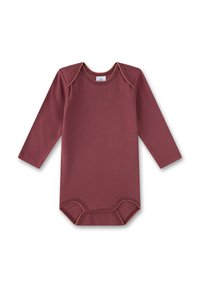 Langärmliger Babybody in tiefem Maroon mit kontrastierenden orangen Nähten. Hergestellt aus weichem, dehnbarem Stoff; mit klassischem Rundhalsausschnitt und Druckknopfverschluss.