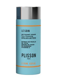 Zylindrische blaue Flasche mit silbernem Deckel, beschriftet mit "LE SOIN Gesicht Reinigung". Enthält 125 ml und hat schwarzen Text und orangefarbene Akzente.