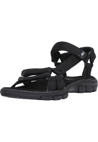 Black outdoor sandal featuring a Velcro strap design, cushioned footbed, rubber sole, and open-toe structure. Lightweight construction.
