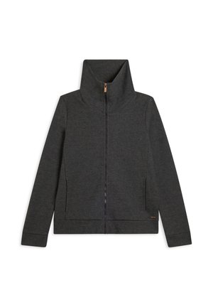 Chaqueta de cremallera gris oscuro con un alto cuello, tejido texturizado y bolsillos laterales. Presenta un diseño sencillo y mínimos detalles.