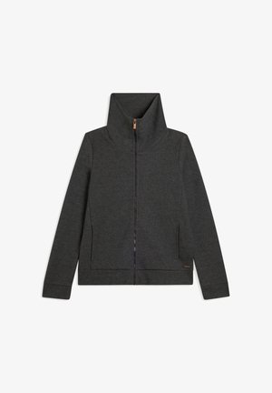 Veste zippée gris foncé avec un col haut, tissu texturé et poches latérales. Présente un design simple et des accents minimaux.