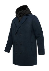Námornícky modrý kabát z vlnenej zmesi s dvojitým zapínaním a odnímateľnou čiernou kapucňovou vnútornou vrstvou, s veľkými prednými gombíkmi a bočnými vreckami.