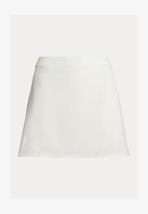 Weißer, knielanger Rock aus leichtem, glattem Stoff. Verfügt über ein schlichtes Design mit einem dezenten Logo an der unteren Seite.