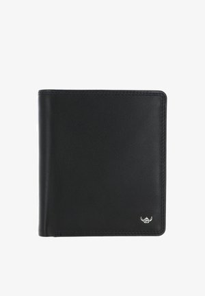 Black leather bifold wallet with smooth texture and small silver logo emblem in bottom right corner on white background.