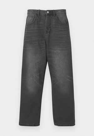 Jeans di denim nero con design a gamba dritta. Presentano cinque tasche e una chiusura con bottone. Dettagli sottili di sbiaditura e texture migliorano l'aspetto.