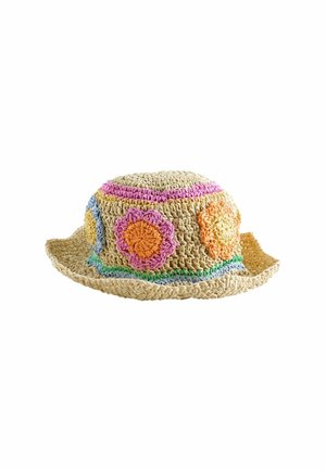 Crocheted beige sun hat with wide brim, decorated with colorful pink, orange, and blue flower patterns and stripes.