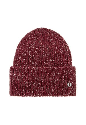 Burgundowa dziana czapka beanie ze świecidełkami, z podwiniętym brzegiem i małą metką z logo po boku. Miękki i fakturowany materiał.