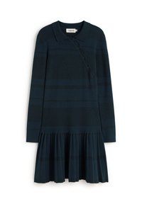 Tumman teal-värinen, pitkähihainen mekko, jossa on polo-kaulus. Mekossa on nappilista ja viikattu hame, jossa on vaakasuuntainen raidoitus.