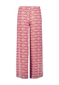 Kalhoty s širokými nohavicemi v živém, multikolorovém víru vzoru růžové, červené a bílé barvy. Vyrobené z lehké tkaniny s elastickým pasem.