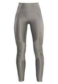 Szare leggings sportowe wykonane z teksturowanej tkaniny, z wysokim stanem, panelem wzorowym oraz dopasowanym kształtem z ozdobnymi przeszyciami.
