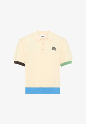 Polo crème à manches courtes avec ourlet bleu, détails aux poignets noirs et verts, et un logo "UNITY" noir sur la poitrine.
