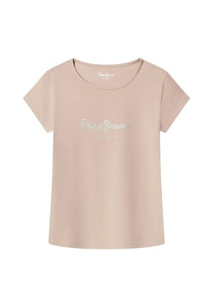 T-shirt beige a maniche corte con scollo rotondo e logo "Pepe Jeans London" glitter argento centrato sul davanti.