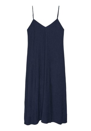 Robe midi bleu marine sans manches avec fines bretelles spaghetti réglables et un décolleté en V discret.