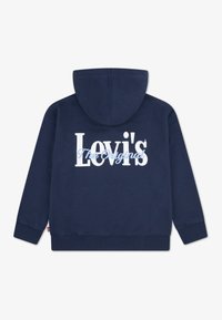 Μπλε-ναυτικό hoodie από βαμβάκι, με μεγάλο λευκό λογότυπο "Levi's" στην πλάτη και ριμπ μανσέτες και τελείωμα. Περιλαμβάνει κουκούλα και τσέπη καγκουρό.