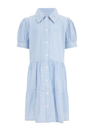 Hellblau-weiß gestreiftes kurzärmliges Kleid mit durchgehenden Knöpfen vorne, gestuftem Rock und spitzem Kragen.