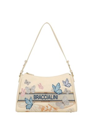 Beige handtas met verstelbare riem, versierd met blauwe, roze en grijze geborduurde vlinders en de merknaam "BRACCIALINI".