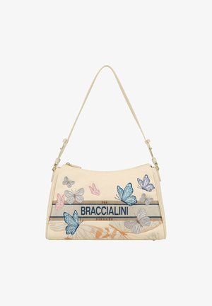 Beige handtas met verstelbare riem, versierd met blauwe, roze en grijze geborduurde vlinders en de merknaam "BRACCIALINI".
