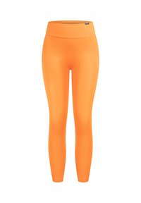 Leggings taille haute de couleur orange vif, fabriqués dans un matériau lisse et flexible, présentant une couleur unie sans motifs ni accents.