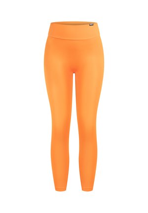 Legginsy z wysokim stanem w jasnym pomarańczowym kolorze, wykonane z gładkiego, elastycznego materiału, o jednolitym kolorze bez wzorów i ozdób.