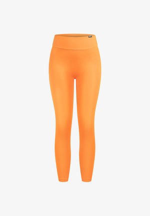 Hoch taillierte Leggings in leuchtendem Orange, gefertigt aus einem glatten, flexiblen Material, in einer einfarbigen Ausführung ohne Muster oder Akzente.