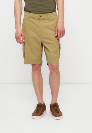 Homme portant un short cargo vert olive avec des poches latérales, des baskets marron et un t-shirt vert foncé sur un fond blanc uni.