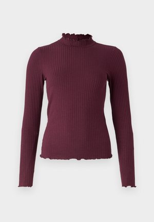 Bordeaux stripete langermet topp med høy volangkrage og rå kant. Har en tettsittende design og tekstil med struktur for ekstra dybde.