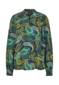Langsleeve blouse van lichtgewicht stof, met een marineblauwe achtergrond en een kleurrijk paisleypatroon in groene, teal en gele tinten.