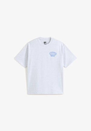 Gray cotton t-shirt with short sleeves and a crew neckline. Features a blue graphic logo on the left chest and a relaxed fit.