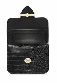 Czarny portfel z tłoczonej skóry krokodyla z złotą zapięciem. Posiada gładkie wnętrze oraz kieszonkę do organizacji.