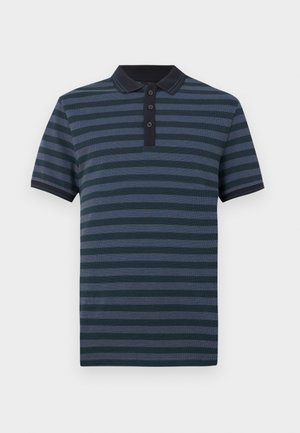 Marineblaues Poloshirt mit horizontalen dunkelblauen Streifen, kurzen Ärmeln und einer dreiknöpfigen Knopfleiste. Gerippter Kragen und Ärmelbündchen.