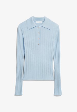 Helles blaues, geripptes Langarmoberteil mit Kragen, ausgestattet mit einer Knopfleiste und subtiler Textur im gesamten Material.