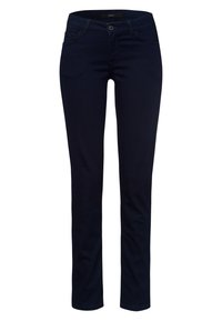 Jeans de denim azul oscuro con un corte ajustado, diseño de cinco bolsillos y cierre de cremallera. Presentan un brillo sutil y están elaborados con un material elástico.