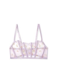 Purple bralette with sheer fabric, floral embroidery, a structured design, and satin straps. Features lace trim along the top edge.
