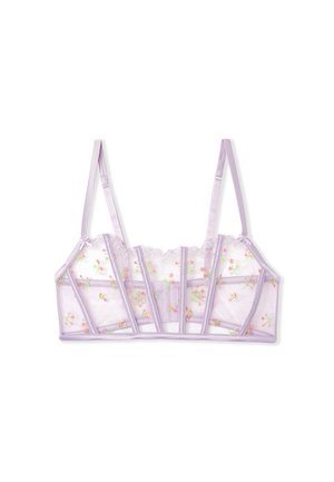 Bralette viola in tessuto trasparente, con ricami floreali, un design strutturato e spalline in raso. Presenta un bordo in pizzo lungo il bordo superiore.