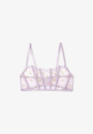 Bralette violet avec un tissu transparent, broderies florales, un design structuré et des bretelles en satin. Présente une bordure en dentelle le long du bord supérieur.