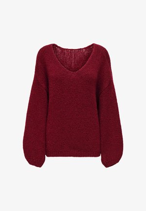 Dybrødstrikket sweater med løs pasform, V-halsudskæring og lange ballonærmer.