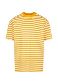Gelb-weiße, horizontal gestreifte Kurzarm-T-Shirt mit einem gelben Rundhalsausschnitt, auf einem weißen Hintergrund präsentiert.